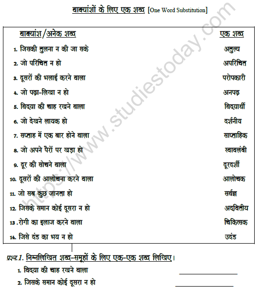 CBSE Class 7 Hindi One Word Substitute Worksheet